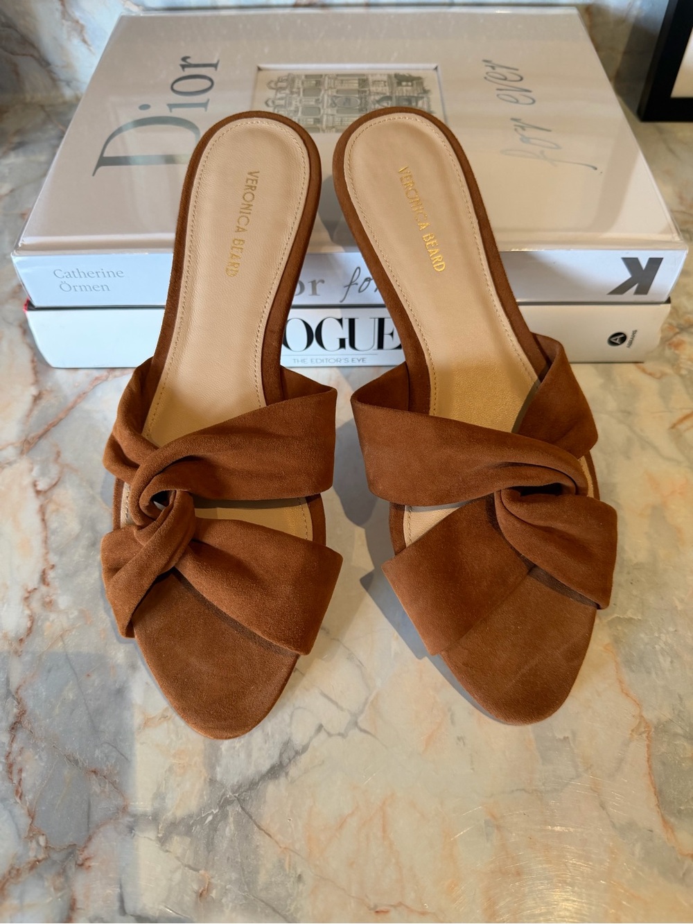 Veronica Beard Cognac Knot-Front Suede Slide Mules